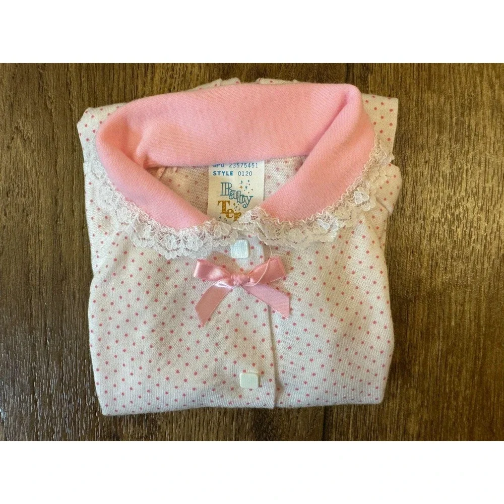 Vintage Baby Terry Brand Girl Outfit 3 3/6 Months Pink Dots Bow Lace Square Snap